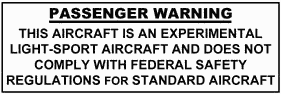 Passenger Warning placard/sticker - Experimental Light-Sport Aircraft